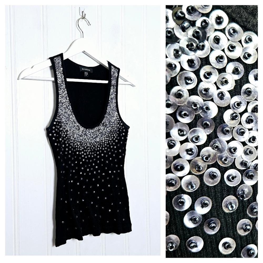 bebe Tank Top M Y2K Sequin Embellished Scoop Neck McBling Party Clubwear Black